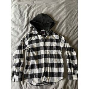 Aeropostale Mens Buffalo Plaid Hooded Flannel Shirt Black White Medium